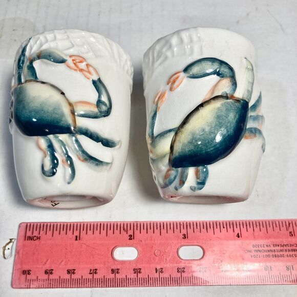 Nautical Blue Crab Ceramic Salt & Pepper Shaker Set Beach House Zodiac Cancer - Picture 10 of 11